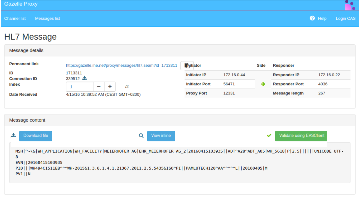 HL7 Message interface with button to download, see or send to EVS for validation